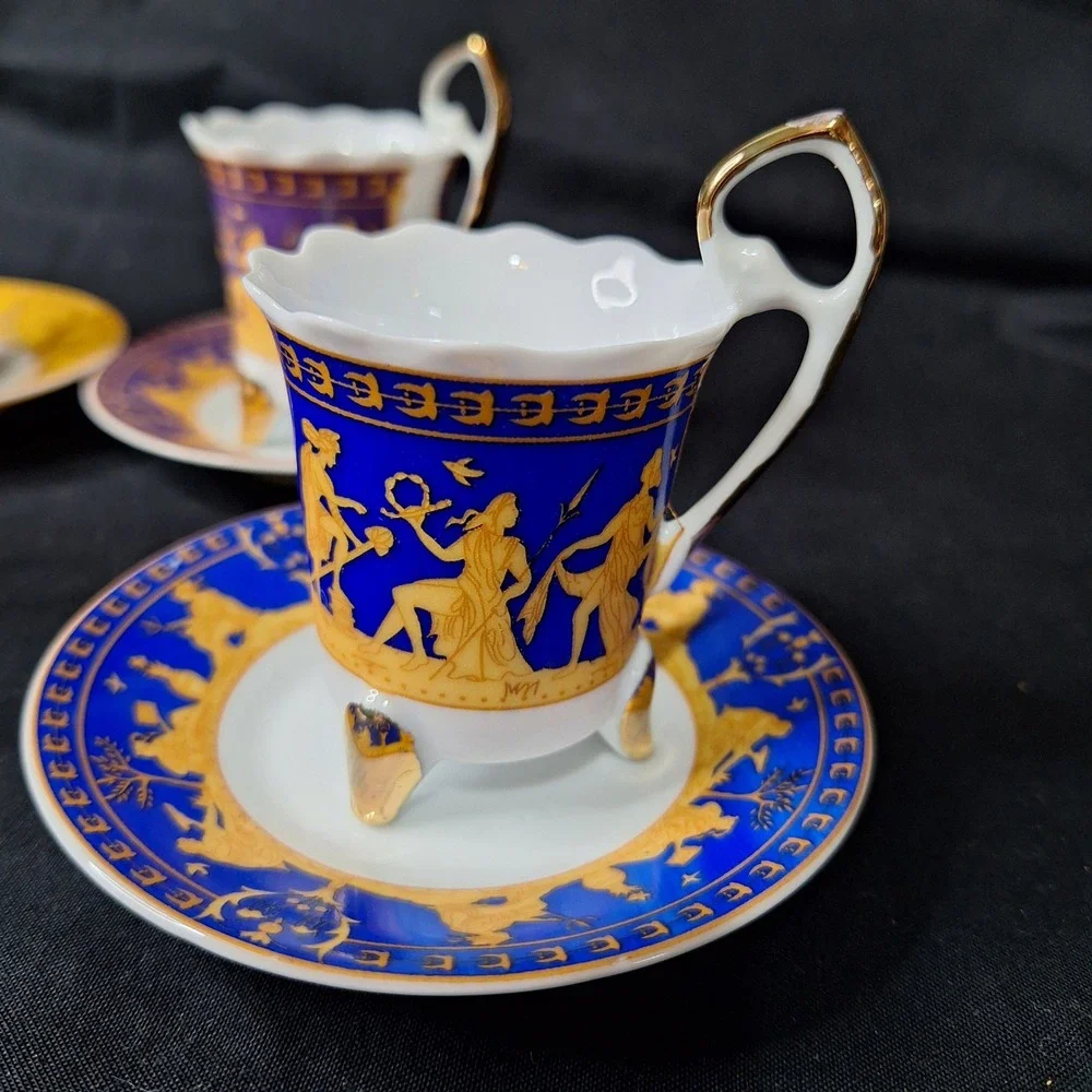 1940s Duca Di Bavaria Espresso Cup Saucer Set 4 Colors Greek Mythology Gold Trim